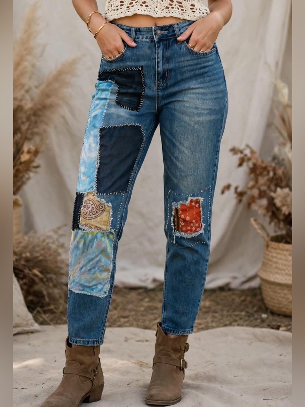 Upcycled patchwork mom jeans boho festival one of a kind